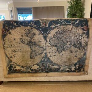 Old World Map Cloth Wall Hanging Artwork with Grommets/Eye Rings for Hanging